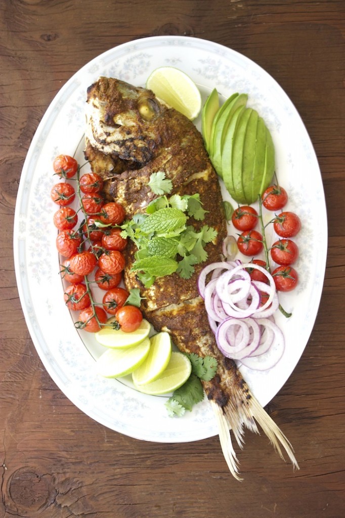 Whole Roasted Snapper with Cherry Tomatoes and Guacamole